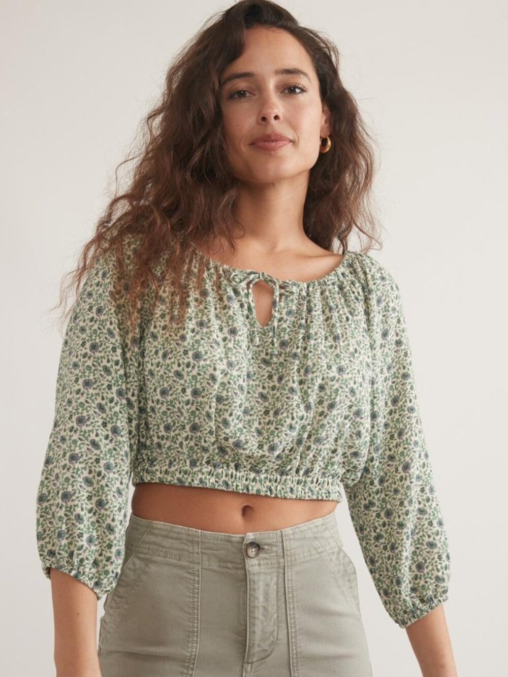 Women's Marine Layer Floral Tiana Double Cloth Cropped Blouse Boho Size XLarge